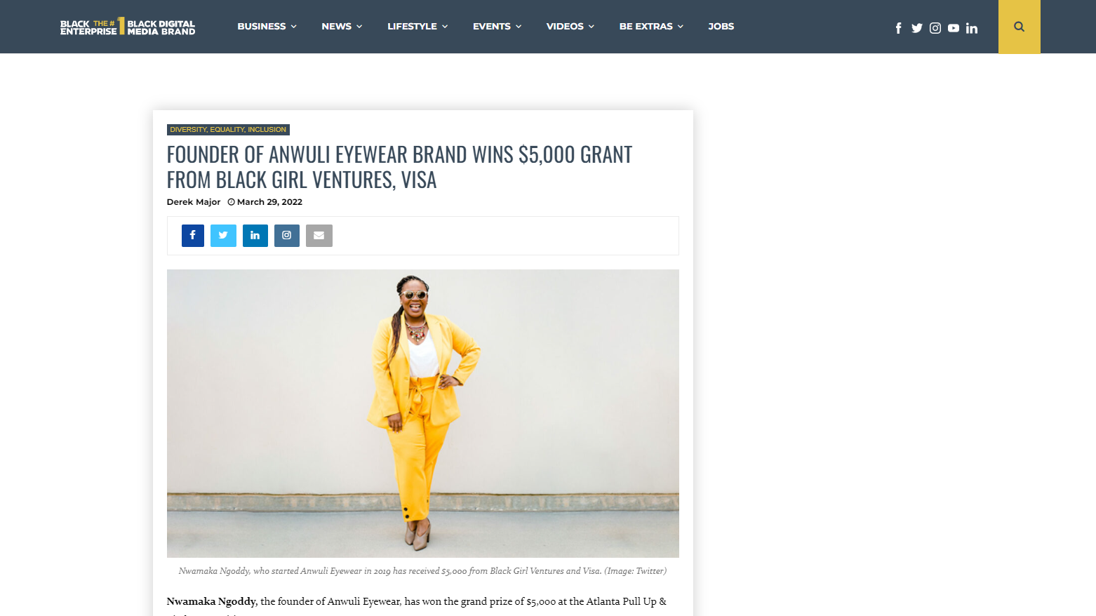 Black Enterprise Article on Anwuli Eyewear