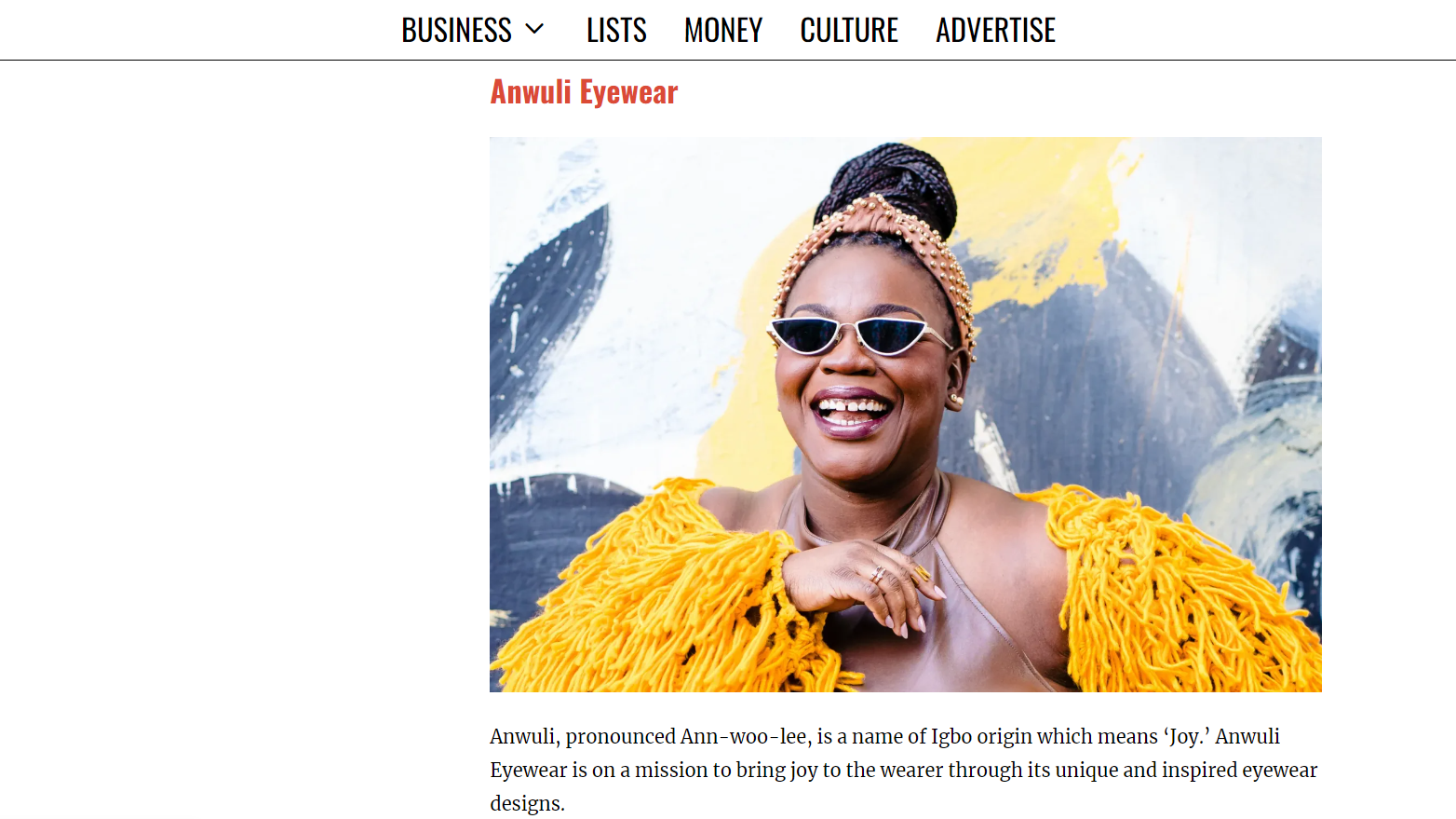 Shoppe Black Article on Anwuli Eyewear