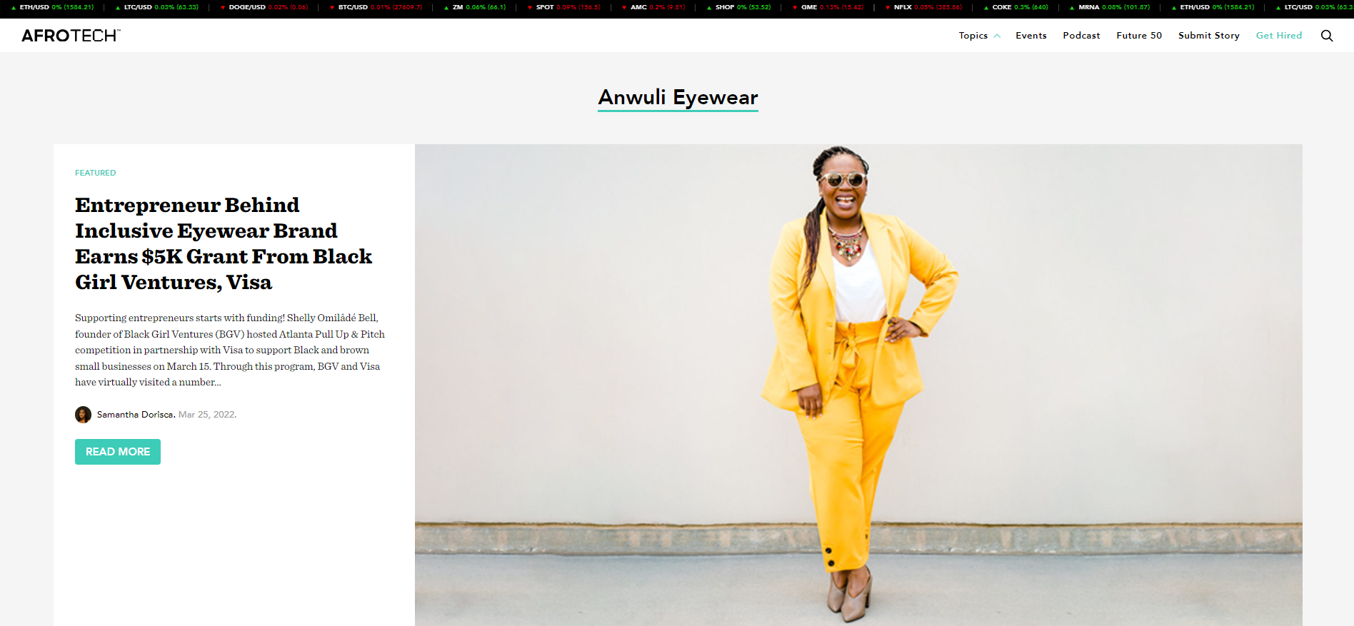 AfroTech Article on Anwui Eyewear