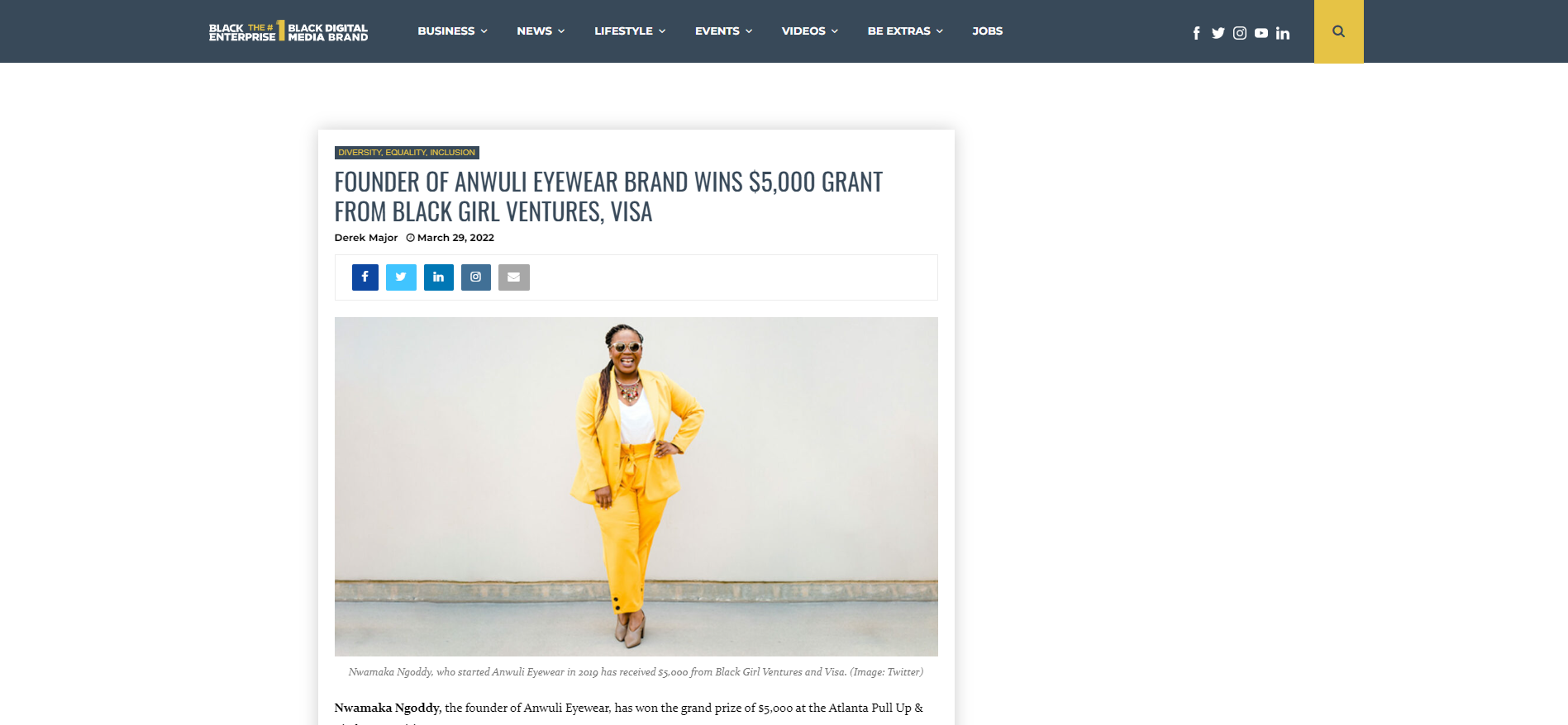 Black Enterprise Article on Anwuli Eyewear